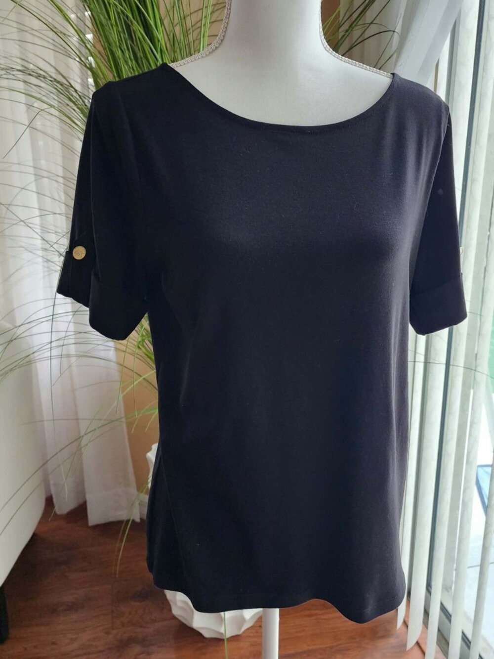 Michael Michael Kors Black Short Sleeve Top Gold Logo Button Size M